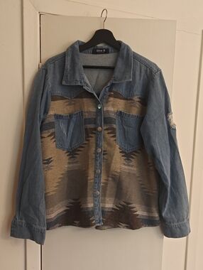 Unisex Denim & Aztec Panel Jacket in Light Blue